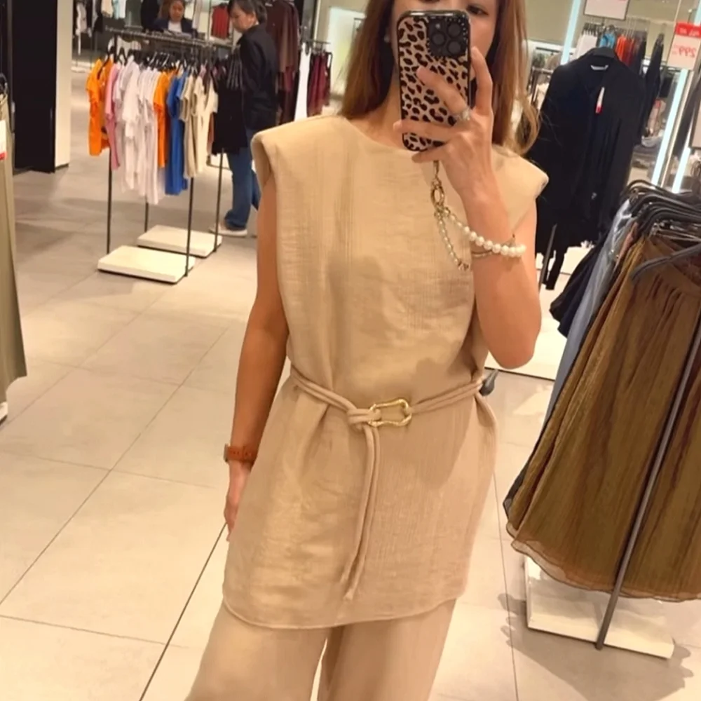 Zara Set 2 Pc belted Top and Wide Pants Size S